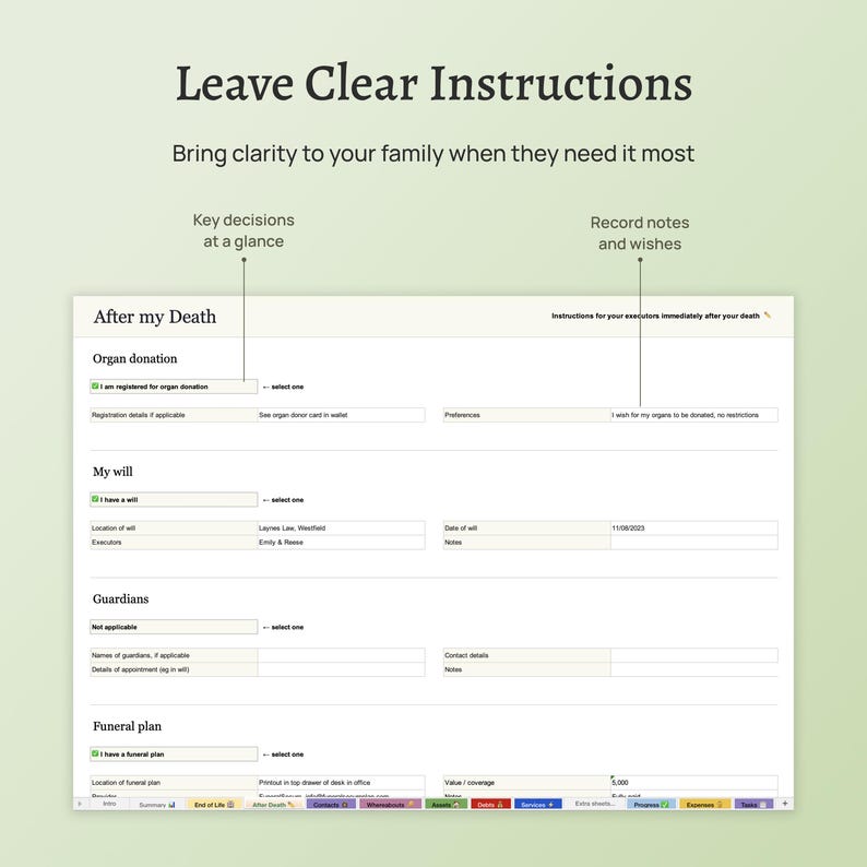 End of life planner – the Before Death Spreadsheet. Plan for your death. Estate planning template. Financial summary, accounts, assets, debts, belongings, healthcare wishes, instructions for your executors and family. Excel version.