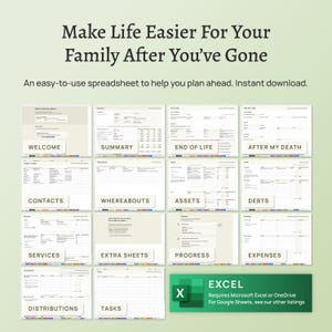 End of life planner – the Before Death Spreadsheet. Plan for your death. Estate planning template. Financial summary, accounts, assets, debts, belongings, healthcare wishes, instructions for your executors and family. Excel version.