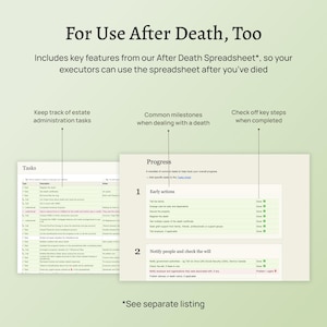 End of life planner – the Before Death Spreadsheet. Plan for your death. Estate planning template. Financial summary, accounts, assets, debts, belongings, healthcare wishes, instructions for your executors and family. Excel version.