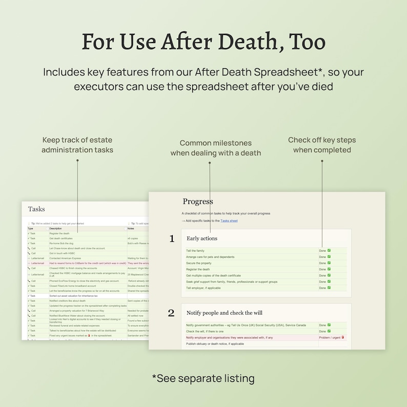 End of life planner – the Before Death Spreadsheet. Plan for your death. Estate planning template. Financial summary, accounts, assets, debts, belongings, healthcare wishes, instructions for your executors and family. Excel version.