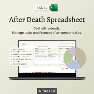 After Death Spreadsheet – Executor checklist, estate accounts, assets & debts, prepare for probate (Excel)