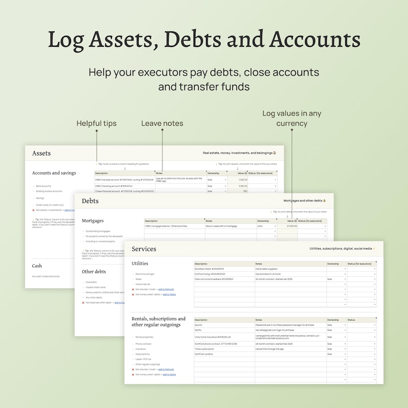 End of life planner – the Before Death Spreadsheet. Plan for your death. Estate planning spreadsheet. Financial summary, accounts, assets, debts, belongings, healthcare wishes, instructions for your executors and family. Google Sheet version.