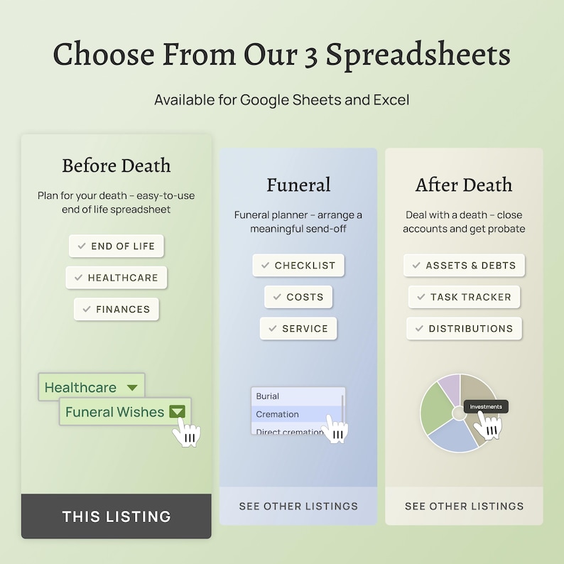 Choose from our 3 spreadsheets – Before Death (end of life planning), Funeral (arranging a funeral after a death), After Death (closing accounts, tracking finances and getting probate). Excel and Google Sheets.