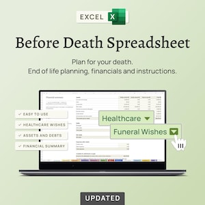 Before Death Spreadsheet – End-of-life planner to record assets, debts, accounts, wishes and important information (Excel)