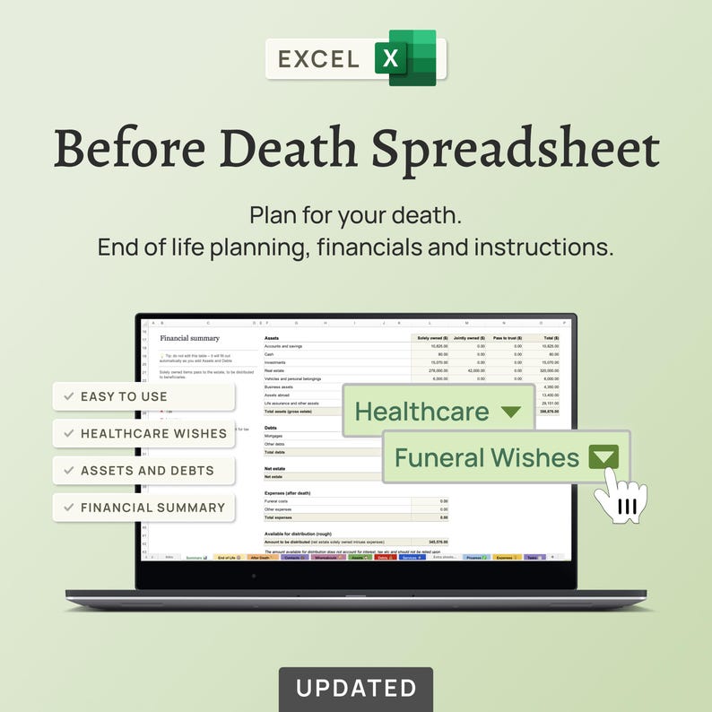 End of life planner – the Before Death Spreadsheet. Plan for your death. Estate planning template. Financial summary, accounts, assets, debts, belongings, healthcare wishes, instructions for your executors and family. Excel version.