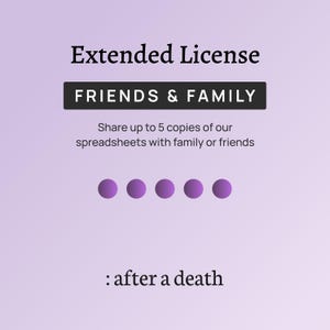 Extended License – Friends & Family – Share up to 5 copies of our spreadsheets with family or friends