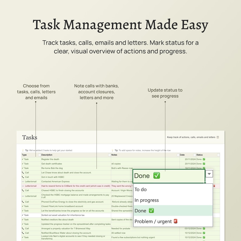 After Death Spreadsheet to help executors get probate. Easy to use template for families after bereavement. Financial summary, estate accounts, assets, debts. Task tracker and guidance. Probate organiser and planner. Excel version.