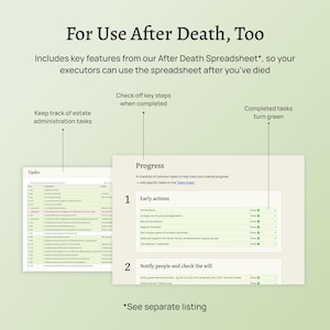End of life planner – the Before Death Spreadsheet. Plan for your death. Estate planning spreadsheet. Financial summary, accounts, assets, debts, belongings, healthcare wishes, instructions for your executors and family. Google Sheet version.