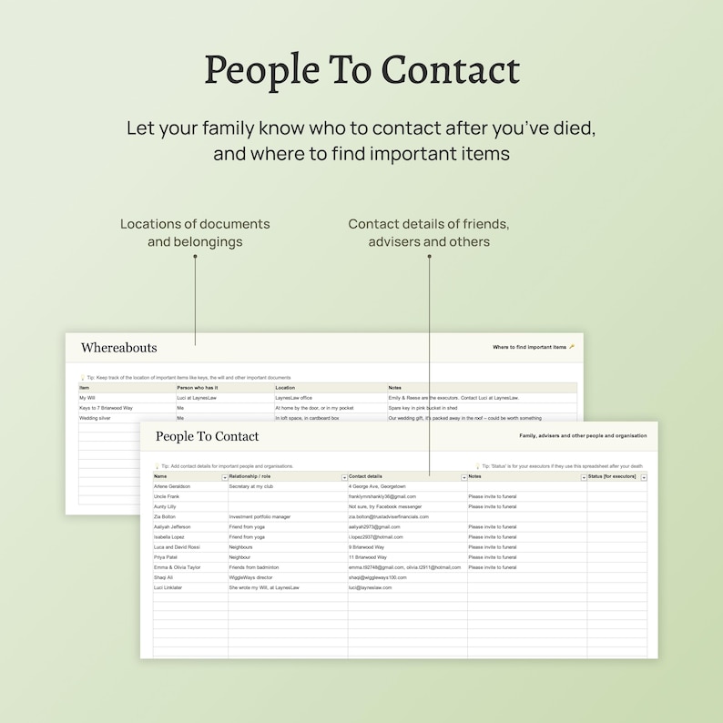 End of life planner – the Before Death Spreadsheet. Plan for your death. Estate planning template. Financial summary, accounts, assets, debts, belongings, healthcare wishes, instructions for your executors and family. Excel version.