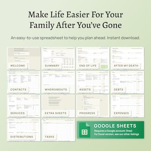 End of life planner – the Before Death Spreadsheet. Plan for your death. Estate planning spreadsheet. Financial summary, accounts, assets, debts, belongings, healthcare wishes, instructions for your executors and family. Google Sheet version.