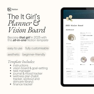 Vision Board e Planner It Girl 2025 / Modello Notion All-In-One / Planner digitale estetico / Monitoraggio del benessere, visualizzazione