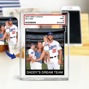 Targa in acrilico personalizzata con foto di famiglia in stile carta da gioco, regalo per la festa del papà per papà appassionato di baseball, regali per mariti, papà numero 1 per lo sport
