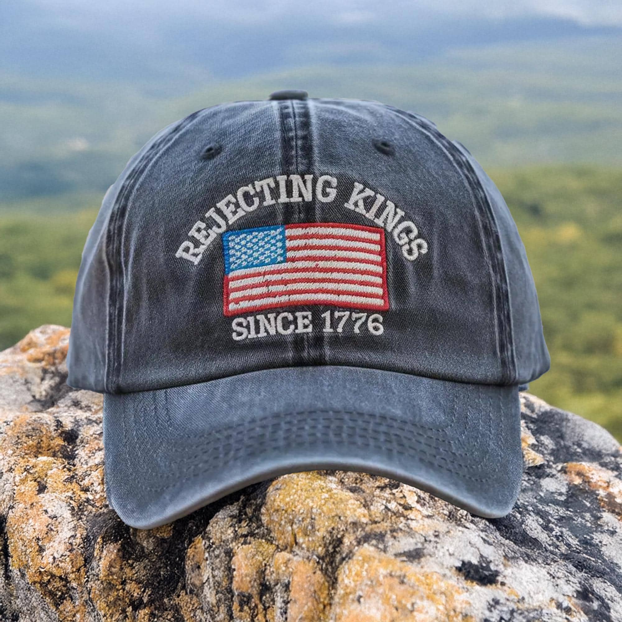 Rejecting Kings Since 1776 Embroidered Cotton Hat: Anti-Authoritarian Pro-Democracy