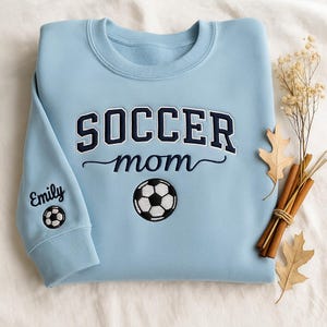 Embroidered Soccer Mom Kids Name On Sleeve Sweatshirt, Mom Soccer Sweater, Soccer Mama Shirt, Gift for Soccer Mom, Soccer Season