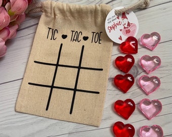 Tic Tac Toe Valentine's Day Gift Bags - Valentine's Day Tic Tac Toe Bags - Set of 10 Personalized Muslin with tags