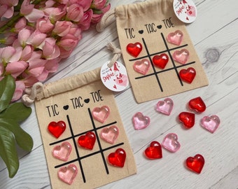 Tic Tac Toe Valentine's Day Gift Bags - Valentine's Day Tic Tac Toe Bags - Set of 10 Personalized Muslin with tags