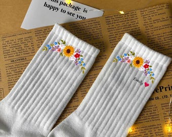Sunflowers Embroidered Socks, Custom Name Socks, Cozy Sock for Women, Wildflowers Embroidery, Floral Socks for Her, Personalisation Gift