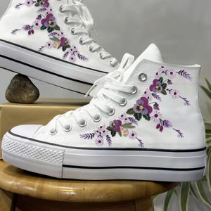 Pansy Embroidered Converse Platform, Hand Embroidered Flowers Converse, Violet Embroidery Converse All Star Lift, February Flowers Sneakers