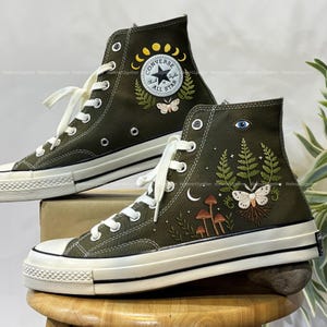 Moth and Ferns Embroidered Converse, White Butterfly Converse High Tops Embroidery, Custom Floral Fantasy Sneakers, Butterfly Flowers Shoes