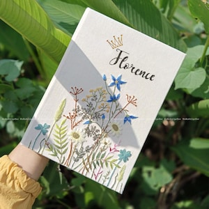 Scrapbook Custom Embroidery Flower, Hand Embroidered Blue Flowers Journal, Clover Embroidery Dairy, Personalised Notebook A5 Size Linen Gift