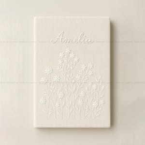 Monochrome Flower Embroidered Notebook, Custom Name Text Embroidery Journal, Girly Flower Meadow Diary, All White Floral Bridal Guest Book