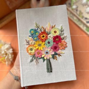 Wildflowers Wedding Bouquet Notebook, Hand Embroidered Vow Book Notebook, Custom Daisy 3D Sunflower Journal, Personalised Rose Dairy for Mom