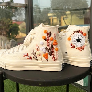 Autumn Flowers Embroidery Converse, Wedding Converse for Bride, Custom Flowers Embroidered Sneakers, Custom Converse High Tops, Bridal Shoes