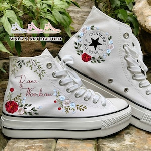 Embroidered Converse Platform, Wedding Converse Platform, Personalised Converse for Bride, Name and Date Embroidery Sneakers, 3D Roses Shoes
