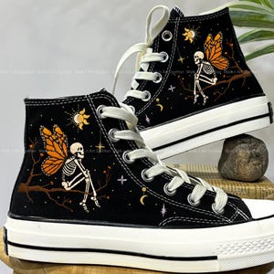Skeleton Monarch Embroidered Converse, Hand Embroidery Skull Converse Halloween, Custom Converse Spooky Bone Lover, Sun and Moon Sneakers