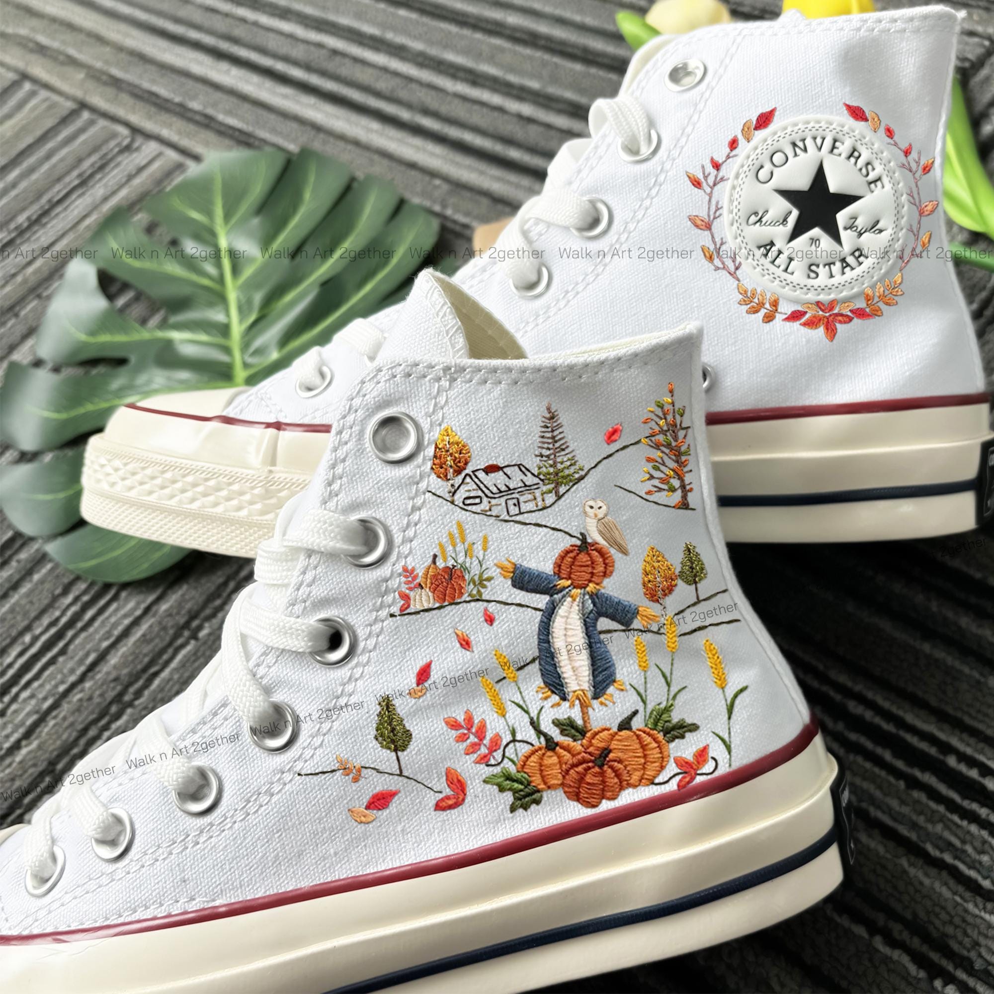 Pumpkin Season Embroidered Converse, Hand Embroidery Autumn Field Converse, Converse High Tops for Fall Season, Straw Man with Owl Sneakers