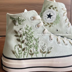 Mint Converse High Tops Flowers Embroidered, Custom Converse Chuck Taylor Embroidery, Hand Embroidered Chucks, Greenery Leaves Shoes Gift