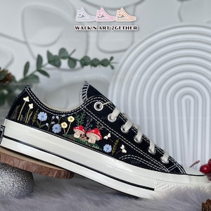 Mushroom Embroidery Low Tops, Custom Converse Low Tops Embroidered, Hand Embroidery Sneakers, Mushroom and Flower Embroidery,Floral Converse