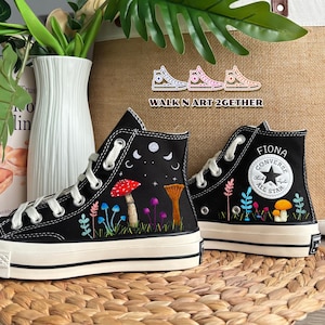 Mushroom Garden Embroidery Converse, Custom Converse Chuck Taylor, Mushroom, Snail, Moon Phases Embroidered, Embroidered Converse High Tops