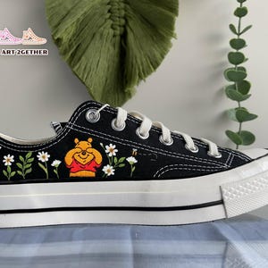 Bear Embroidered Converse, Custom Converse Low Tops, Cartoon Character Embroidered Converse, Cartoon Lovers Sneakers, Floral Converse Chuck