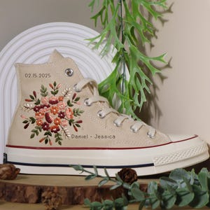 Autumn Vibe Floral Embroidery Converse, Orange Bouquet Flowers Embroidered Converse, Anniversary Gift for Her, Floral Converse for Bride