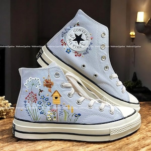 Girly Flower Meadow Converse, Hand Embroidery Converse Floral Garden, Custom Bird House Embroidered Hi Tops, Dandelion Embroidered Shoes