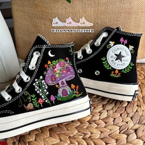 Mushroom House Converse, Hand Embroidered Mushroom Converse, Purple Mushroom Embroidery Converse, Custom Embroidered Sneakers, Cottagecore