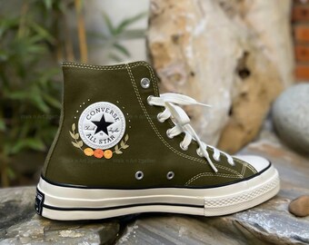 Orange Flowers Embroidered Converse, Moss Green Converse Chuck Taylor, Rust  Theme Floral Sneakers,Autumn Vibe Converse,Hand Embroidery Shoes