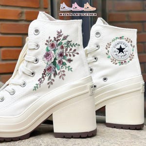 Purple Flowers Embroidery Converse, Flowers Bouquet Embroidered Converse, Wedding Converse, Bridal Sneakers, High Heels Shoes for Bridesmaid