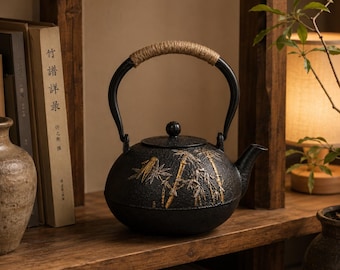 Cast Iron Japanese Teapot Set with Warmer, Bamboo Pattern Tetsubin Tea Kettle, 1200ml Asian Tea Ceremony Pot, Tea Lover Gift