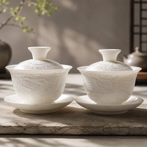 Może przedstawiać: Dwa białe porcelanowe zestawy do herbaty gaiwan, każdy z pokrywką z rozszerzanym uchwytem i pasującym spodkiem. Czarki ozdobione są misternymi, wypukłymi reliefami przedstawiającymi mityczne stworzenia i wirujące chmury na zewnętrznej powierzchni.
