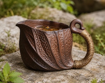 May include: A brown ceramic mug with a textured leaf-like exterior and a spout. The handle is wrapped in natural fiber twine and features a curled top detail. The mug contains a liquid with visible botanical elements and displays the SoraCeramic logo.