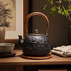 May include: A black cast iron teapot featuring a raised floral relief pattern on its body, a curved wooden handle, and a gold-toned lid with a decorative knob. The teapot sits on a round woven coaster, showcasing a textured finish and dark metal.