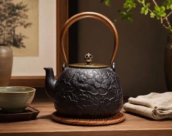 Puede incluir: Una tetera de hierro fundido negro con un relieve floral en el cuerpo, un asa de madera curvada y una tapa dorada con un pomo decorativo. La tetera se apoya sobre un posavasos redondo trenzado, mostrando un acabado texturizado y metal oscuro.