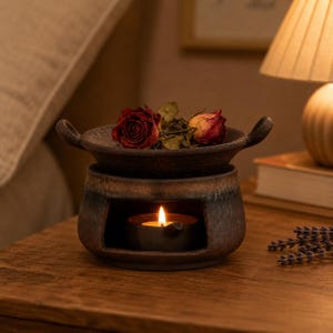 Puede incluir: Un quemador de aceite de cer&aacute;mica marr&oacute;n oscuro con dos peque&ntilde;as asas laterales. El cuenco superior contiene dos rosas rojas secas. La base presenta una abertura rectangular que alberga una vela de t&eacute; encendida con llama amarilla.