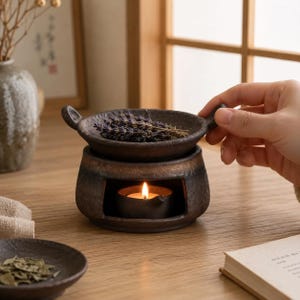 Puede incluir: Un quemador de aceite de cer&aacute;mica marr&oacute;n oscuro con un acabado r&uacute;stico y texturizado. El quemador cuenta con un cuenco superior ancho que contiene ramitas de lavanda seca y una c&aacute;mara inferior con una peque&ntilde;a vela encendida.