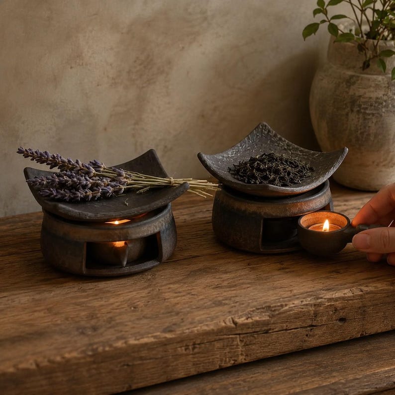 Puede incluir: Dos quemadores de aceite de cer&aacute;mica oscura y texturizada con cuencos cuadrados de bordes curvos. Uno contiene ramas de lavanda morada seca y el otro hojas de t&eacute; oscuras. Cada base hueca alberga una vela de t&eacute; encendida.