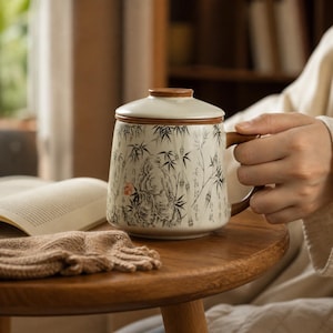 May include: A ceramic mug with a lid and wooden handle. The mug features a bamboo and figure design in black and white. The lid and handle are brown. The mug is sitting on a wooden table.