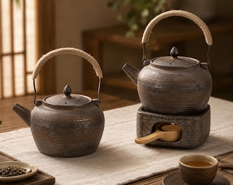 Wabi Sabi Stoneware Teapot & Candle Warmer Set, 1L Japanese Ceramic Tea Kettle, Rustic Glaze Rattan Handle Tea Lover Gift