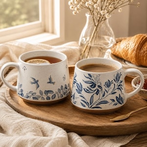 Ensemble de tasses botaniques en céramique faites main, tasses à thé florales bleues, tasses à café rustiques, verres inspirés de la nature, cadeau douillet pour elle